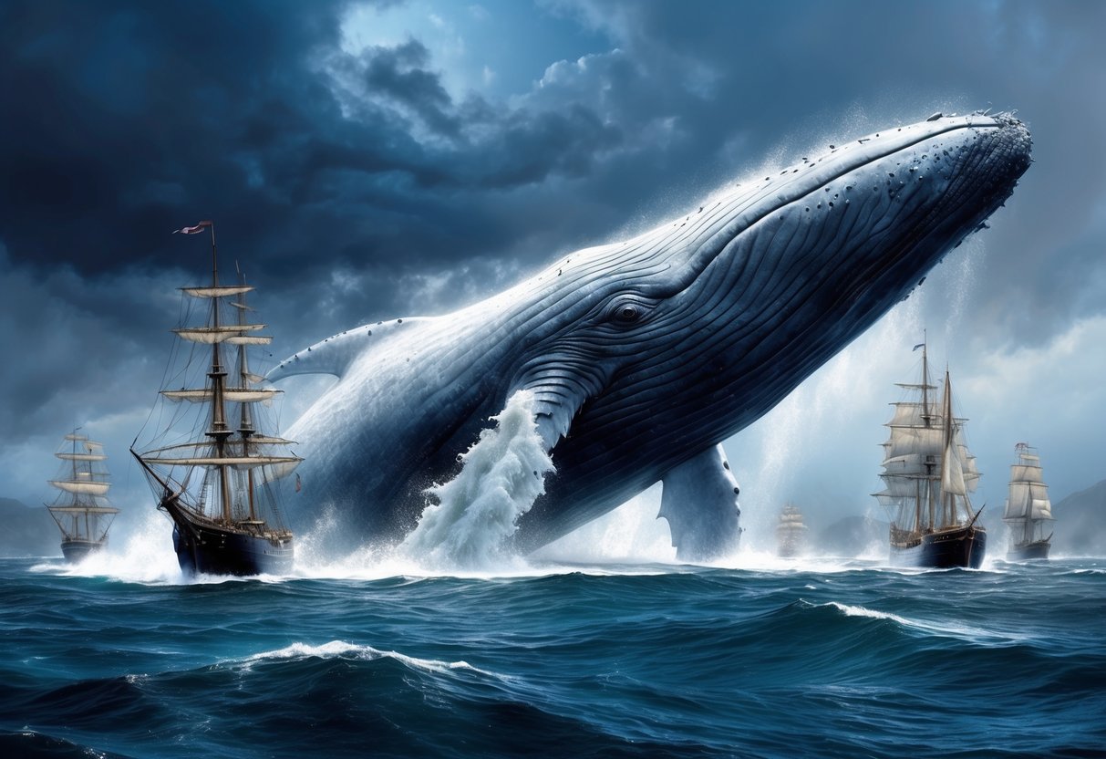 A massive whale breaches the ocean's surface, its colossal form dwarfing the surrounding ships.</p><p>A storm rages in the background, adding to the sense of awe and mystery surrounding the legendary Leviathan