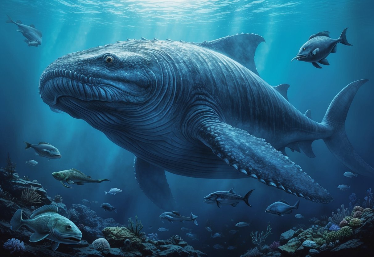 A massive, ancient sea creature looms in the depths, surrounded by smaller marine life.</p><p>The Leviathan's scale and power are evident in its presence