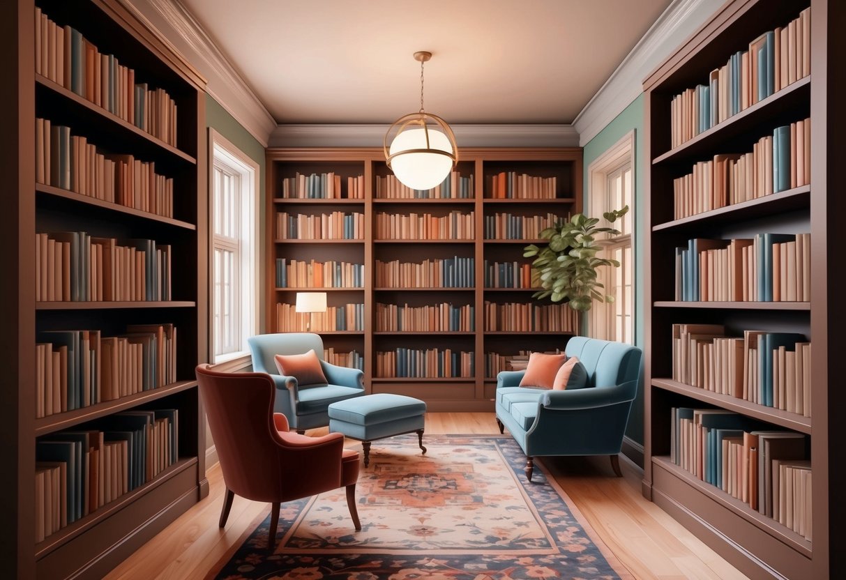 A cozy library with shelves of books, a comfortable reading area, and soft lighting