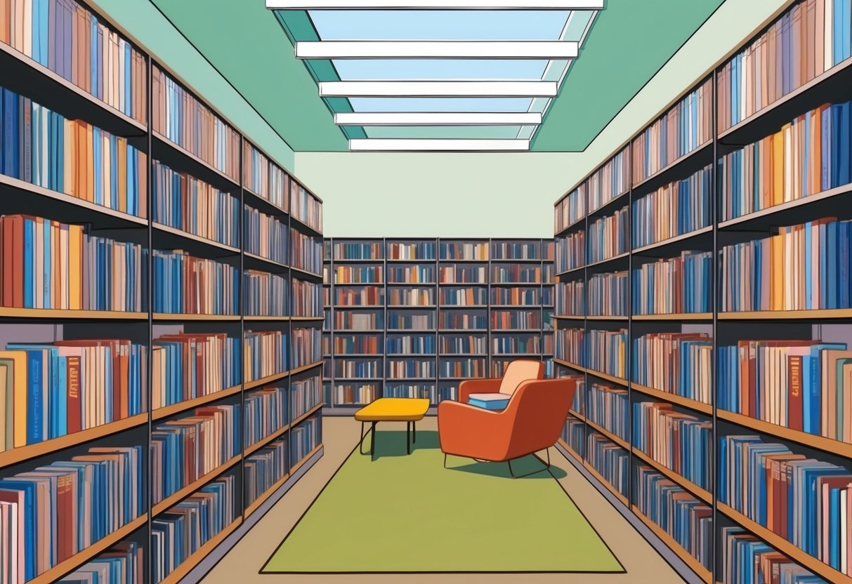 A modern library with rows of bookshelves and a cozy reading area, featuring OverDrive and other digital resources