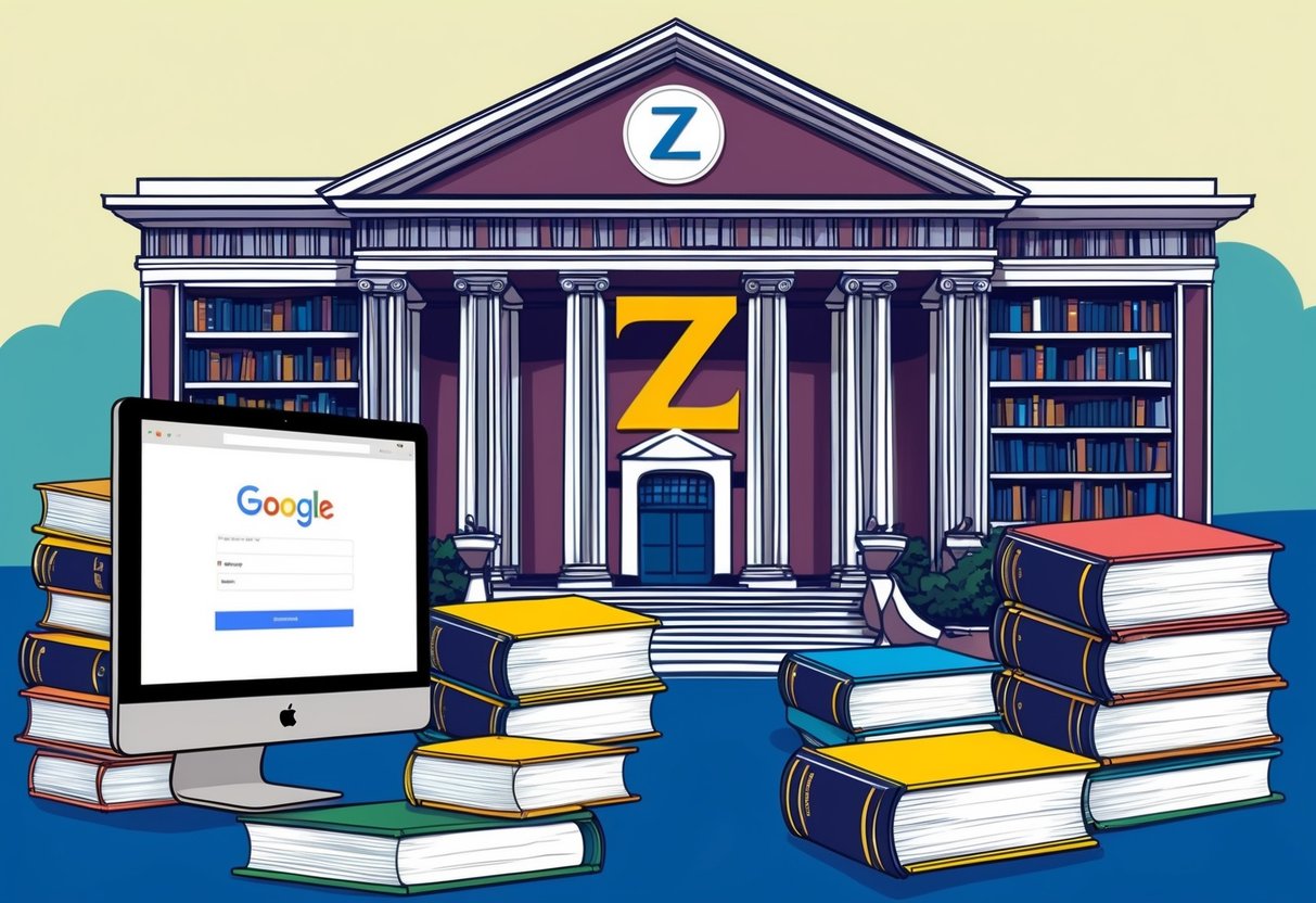 A library with a large "Z" emblem on the front, surrounded by stacks of books and a computer screen displaying the Google Books website