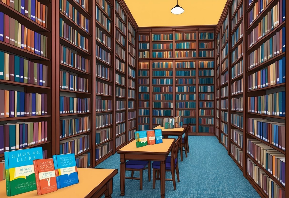 A library with towering bookshelves, cozy reading nooks, and colorful book covers displayed on tables