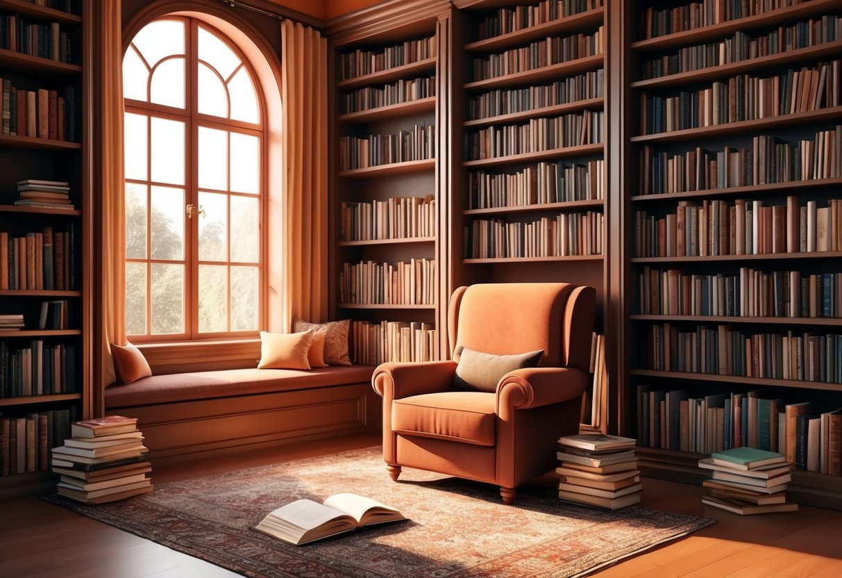 A cozy reading nook with a overflowing bookshelf and a comfortable armchair bathed in warm natural light