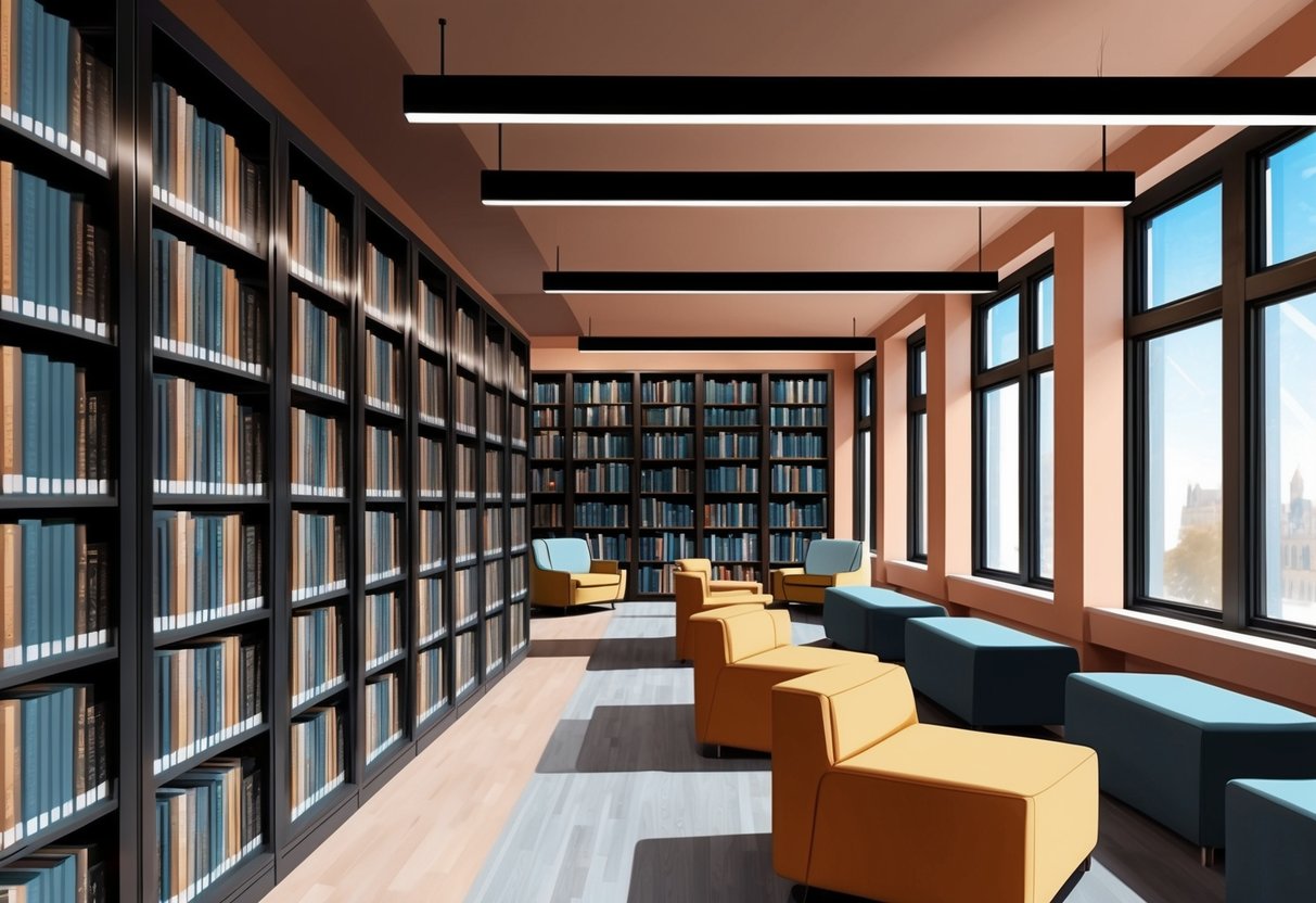 A cozy, modern library with rows of digital bookshelves, comfortable seating, and large windows letting in natural light