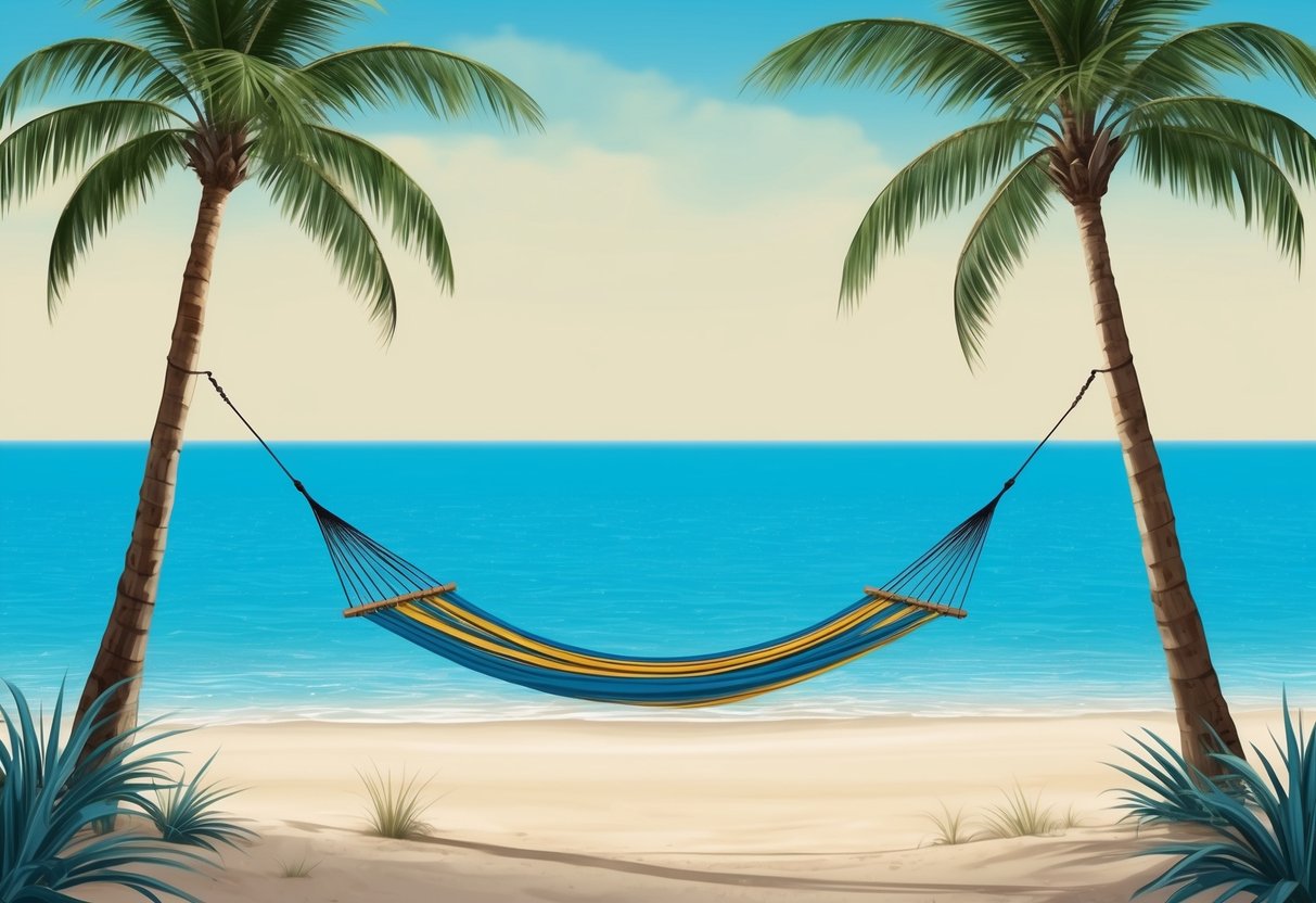 A deserted beach with a hammock strung between two palm trees, overlooking crystal clear blue water