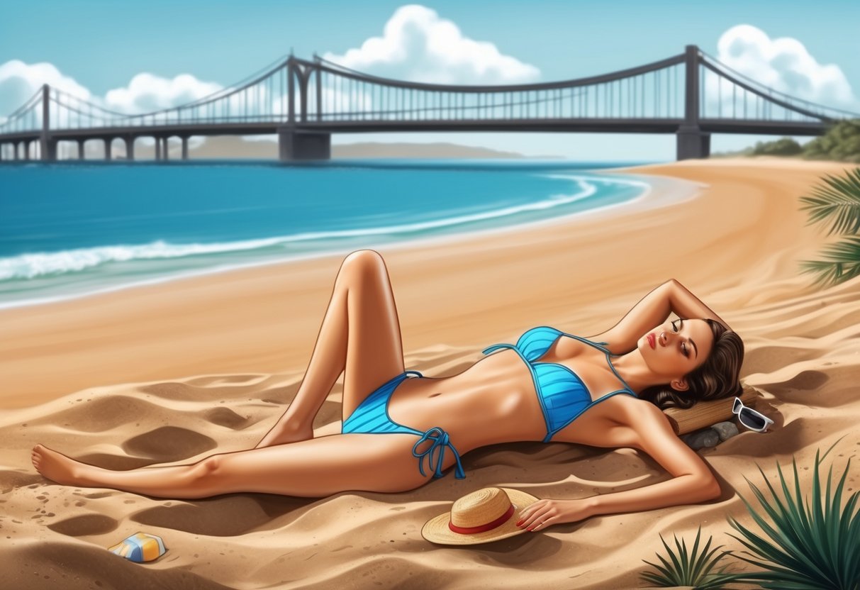 A beach with a bikini lying on the sand, with a bridge in the background