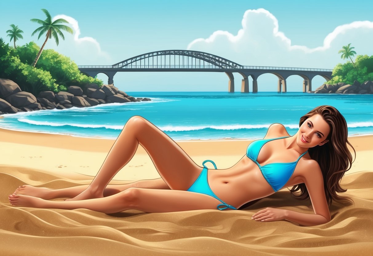 A beach with a bikini lying on the sand, with a bridge in the background