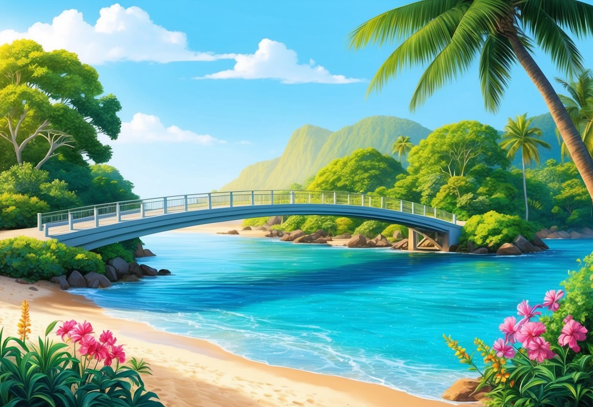 A serene beach with a bridge stretching over crystal-clear water, surrounded by lush greenery and vibrant flowers