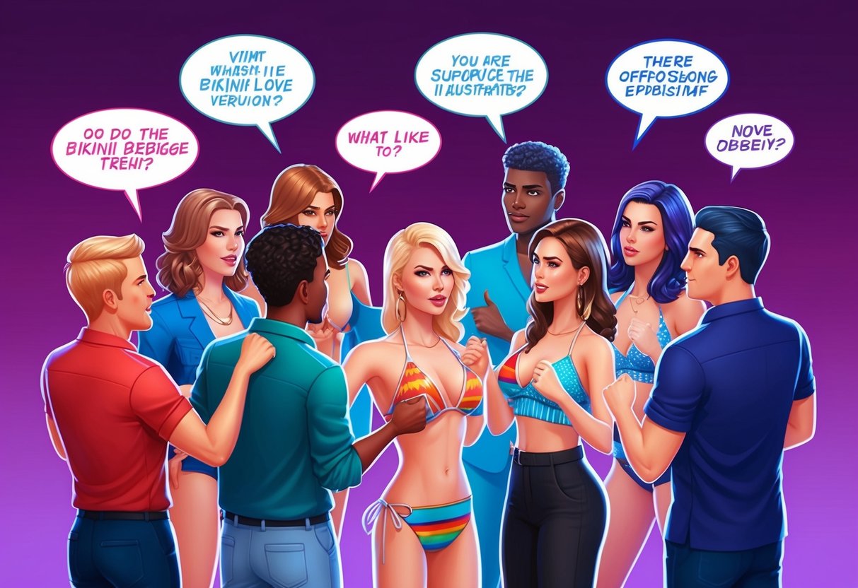 A group of online avatars engage in heated debate over the controversial bikini bridge trend, with some expressing support and others voicing strong opposition