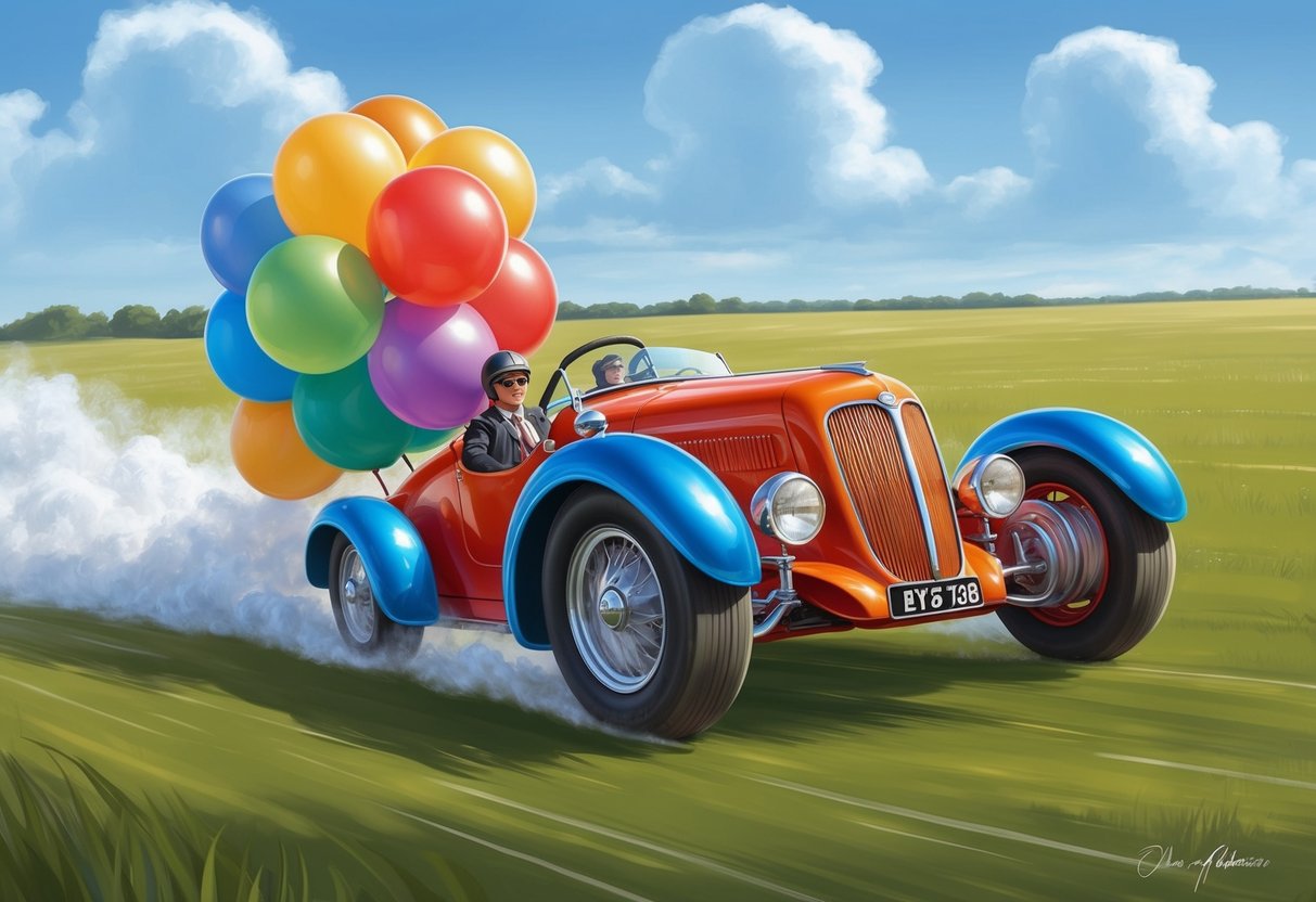 A colorful balloon-powered car zooming across a grassy field