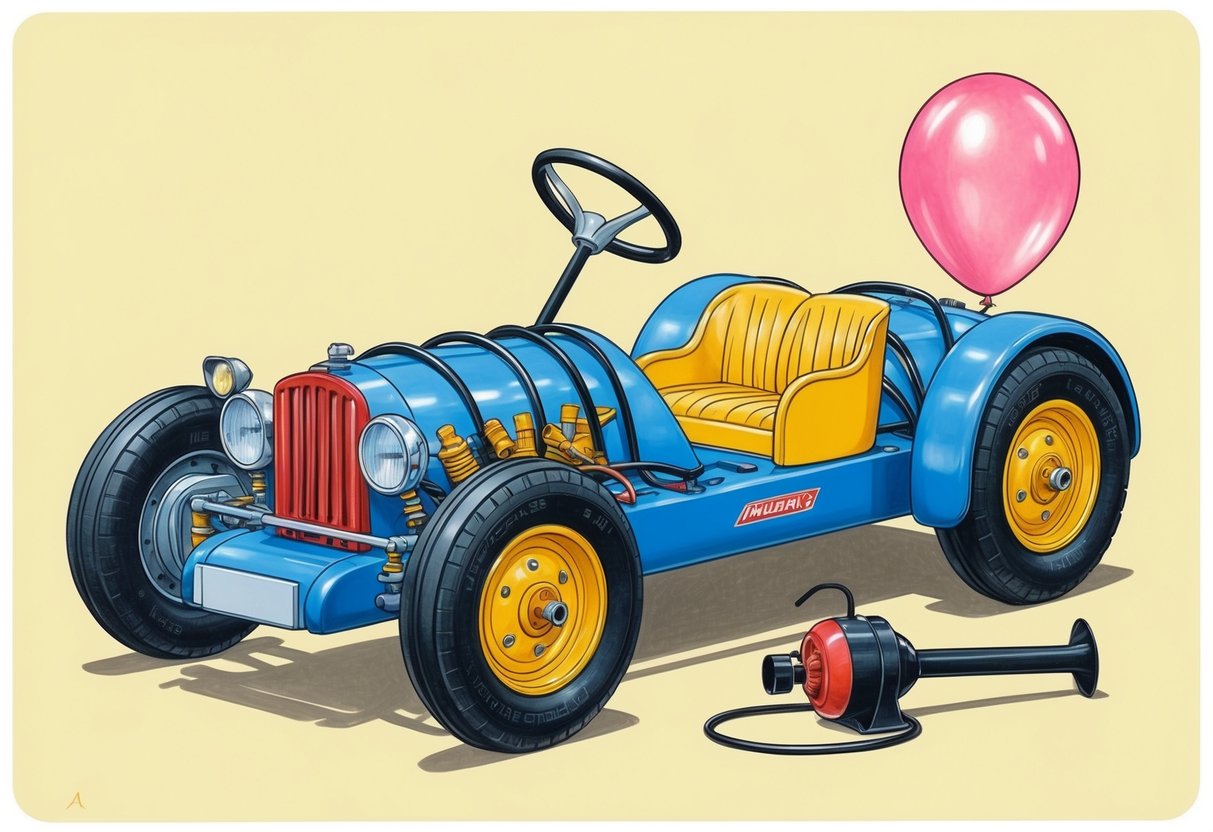 A balloon-powered car made of plastic and rubber, with a deflated balloon and a pump nearby