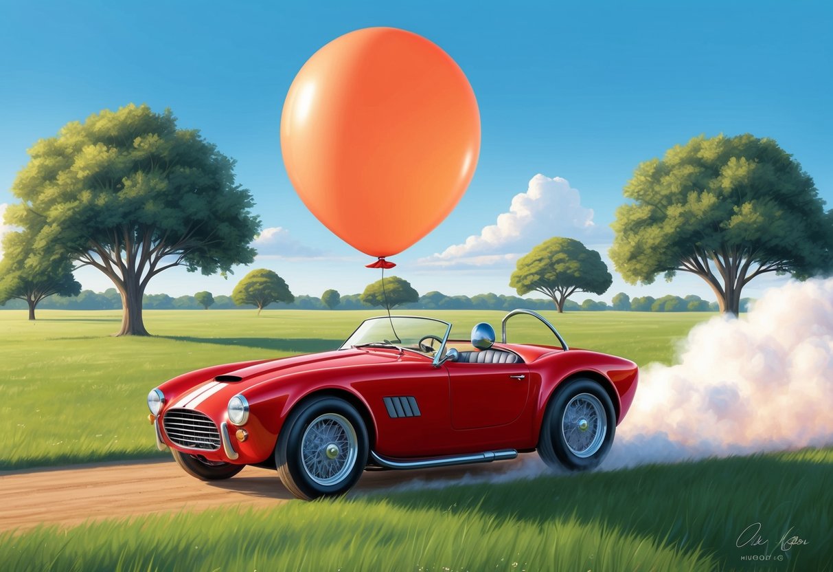 A balloon-powered car zooms across a grassy field, surrounded by trees and a clear blue sky