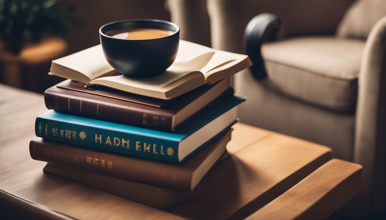 A stack of self-help books on a wooden table, surrounded by a cozy armchair and a warm reading lamp