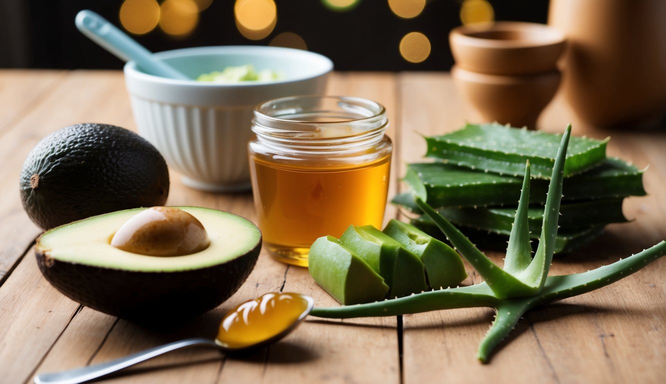 Et bord med forskjellige naturlige ingredienser som honning, avocado og aloe vera, sammen med en miksebolle og en skje