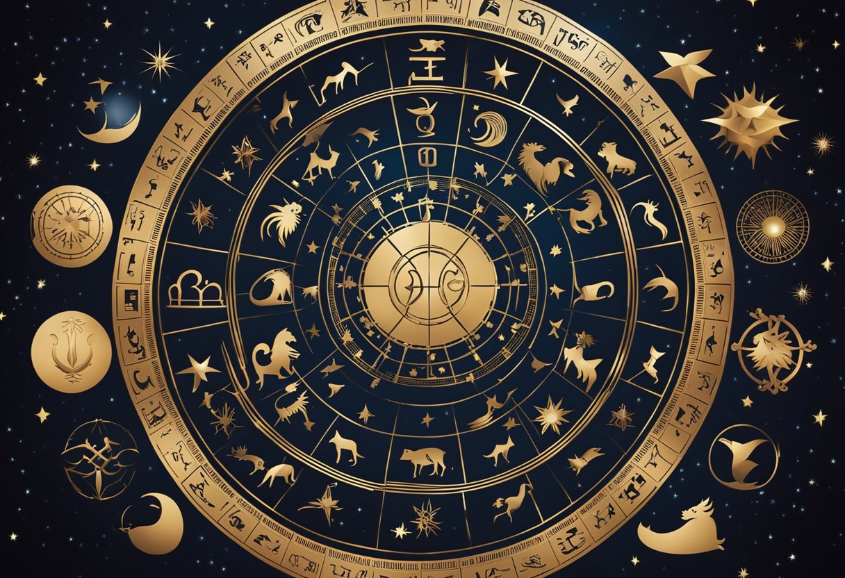 Zodiako simbolių grupė, išdėstyta rate, kiekvienas simbolis atstovauja skirtingam astrologiniam ženklui, su žvaigždėtu fonu ir draugystės bei ryšio jausmu.