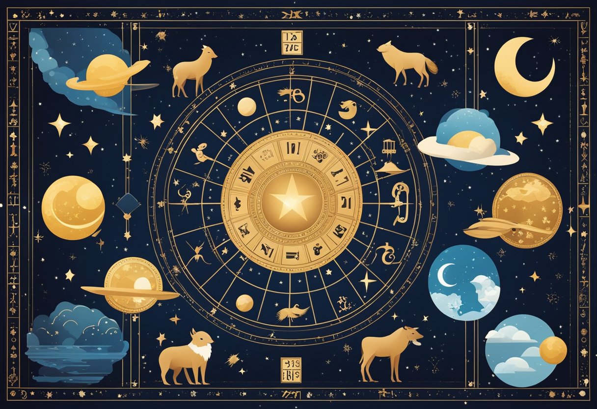 Žvaigždėtas nakties dangus su dvylika zodiako ženklų, išdėstytų poromis, apsuptų dangaus elementų