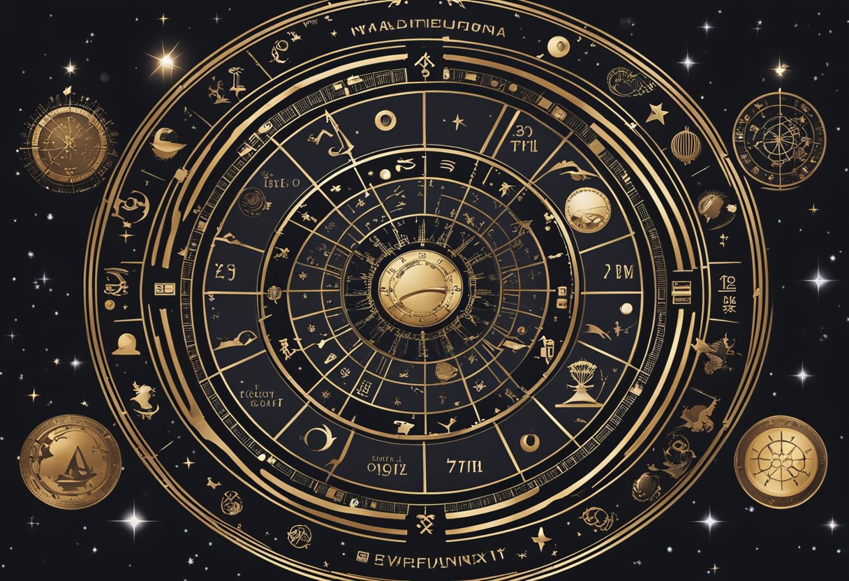 Šiuolaikinė astrologijos interpretacija su zodiako simboliais, išdėstytais rate, apsuptais dangaus elementų ir modernios technologijos