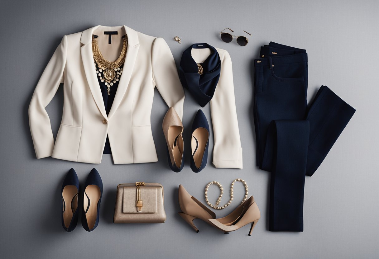 A stylish outfit laid out on a bed, including a tailored blazer, classic blouse, and dark jeans, with a pair of elegant heels and a statement necklace