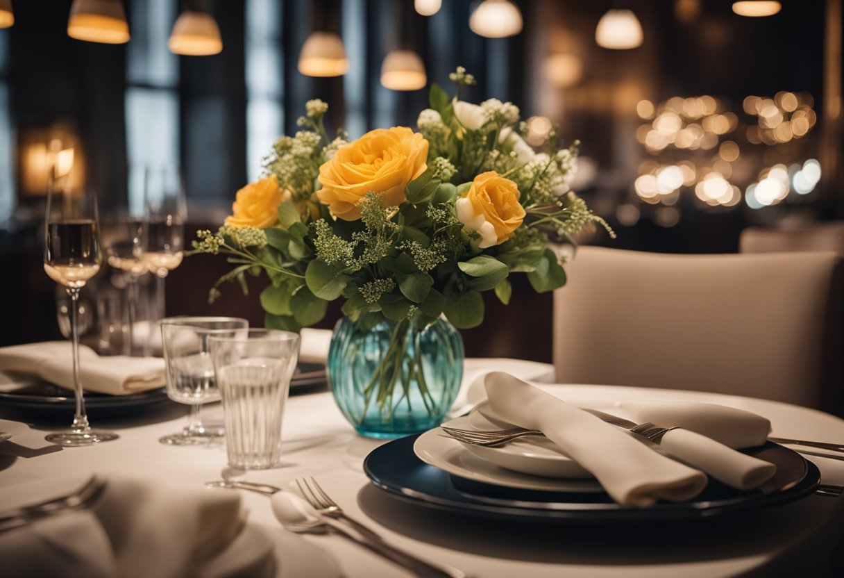 A cozy restaurant with dim lighting and a sophisticated ambiance. A table set with elegant dinnerware and a vase of fresh flowers