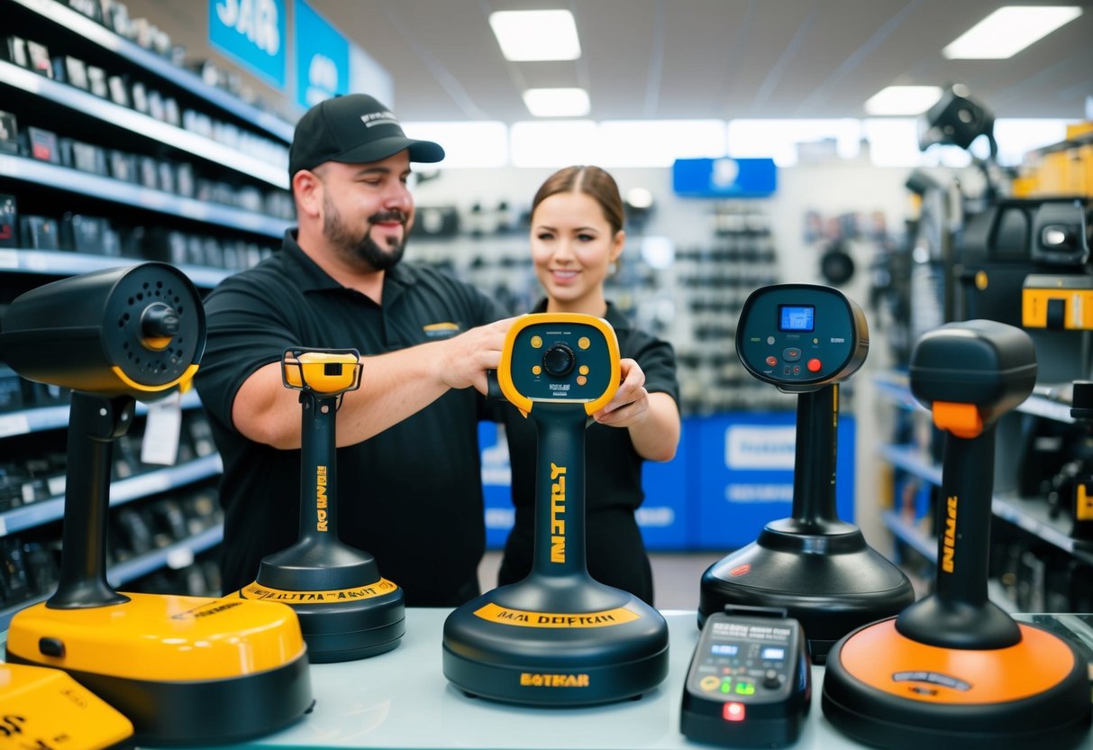 A person in a store, surrounded by various metal detectors on display, with a salesperson offering assistance