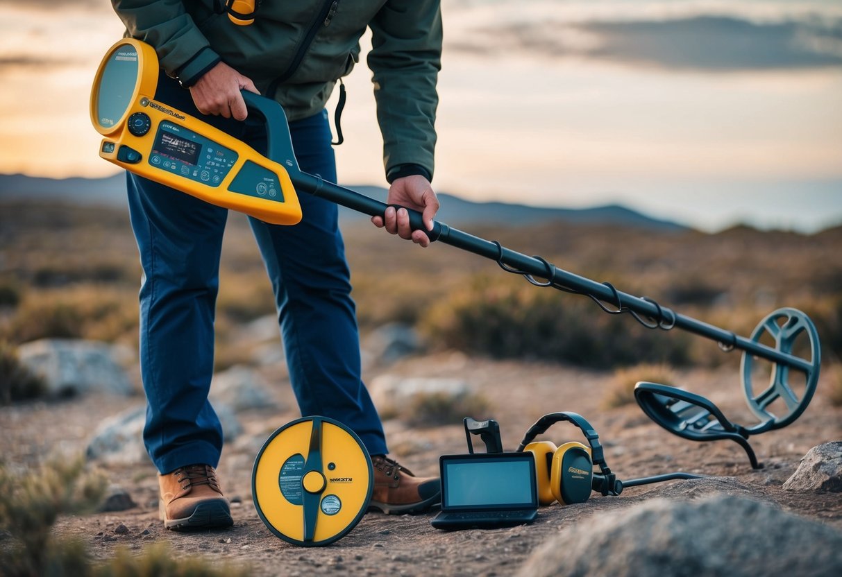 A person using a metal detector with advanced features and various accessories in a rugged outdoor setting