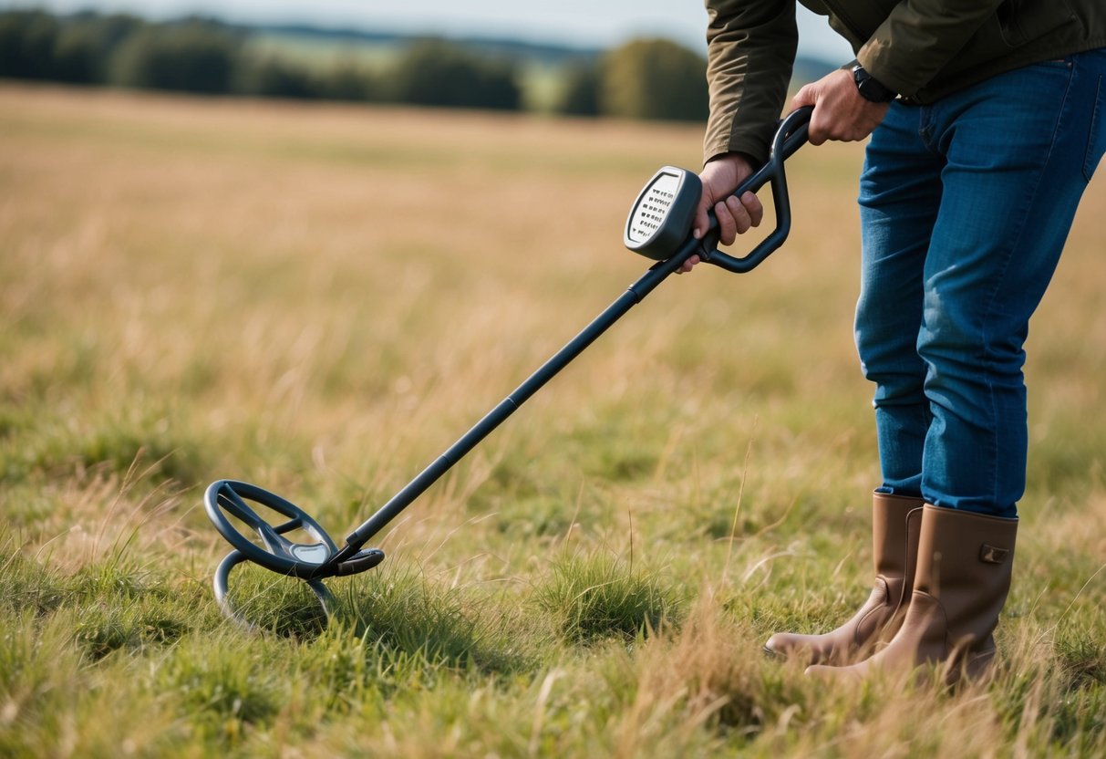 A person using a specialized metal detector in a field