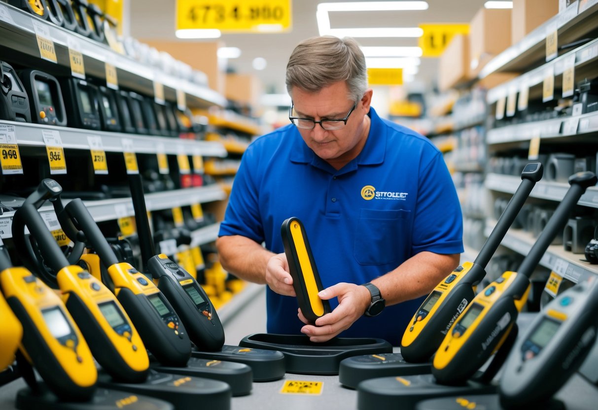 A person comparing metal detectors in a store, surrounded by various models and prices