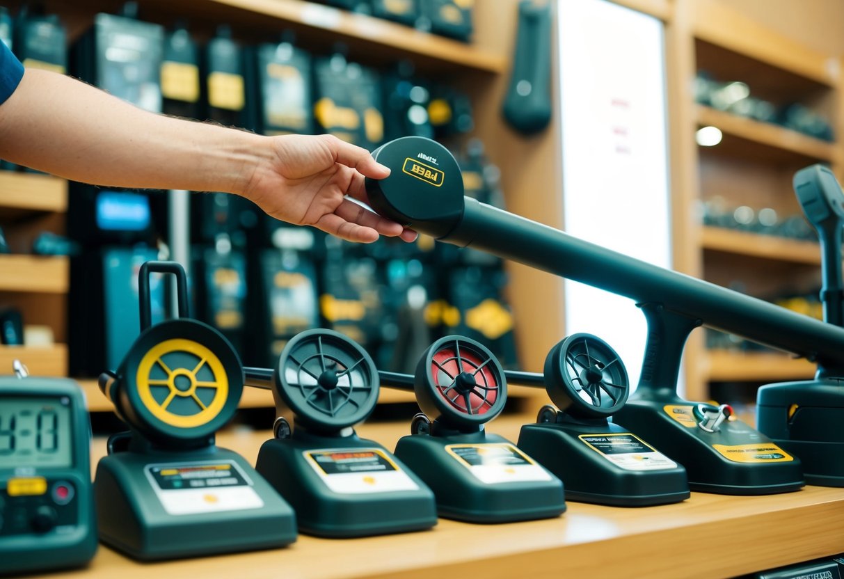 A person comparing various metal detectors on a store display