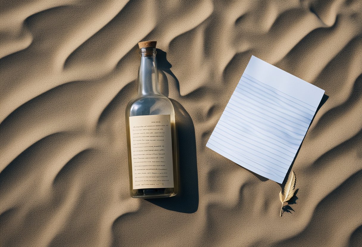 A person leaving a note in a bottle on a sandy beach