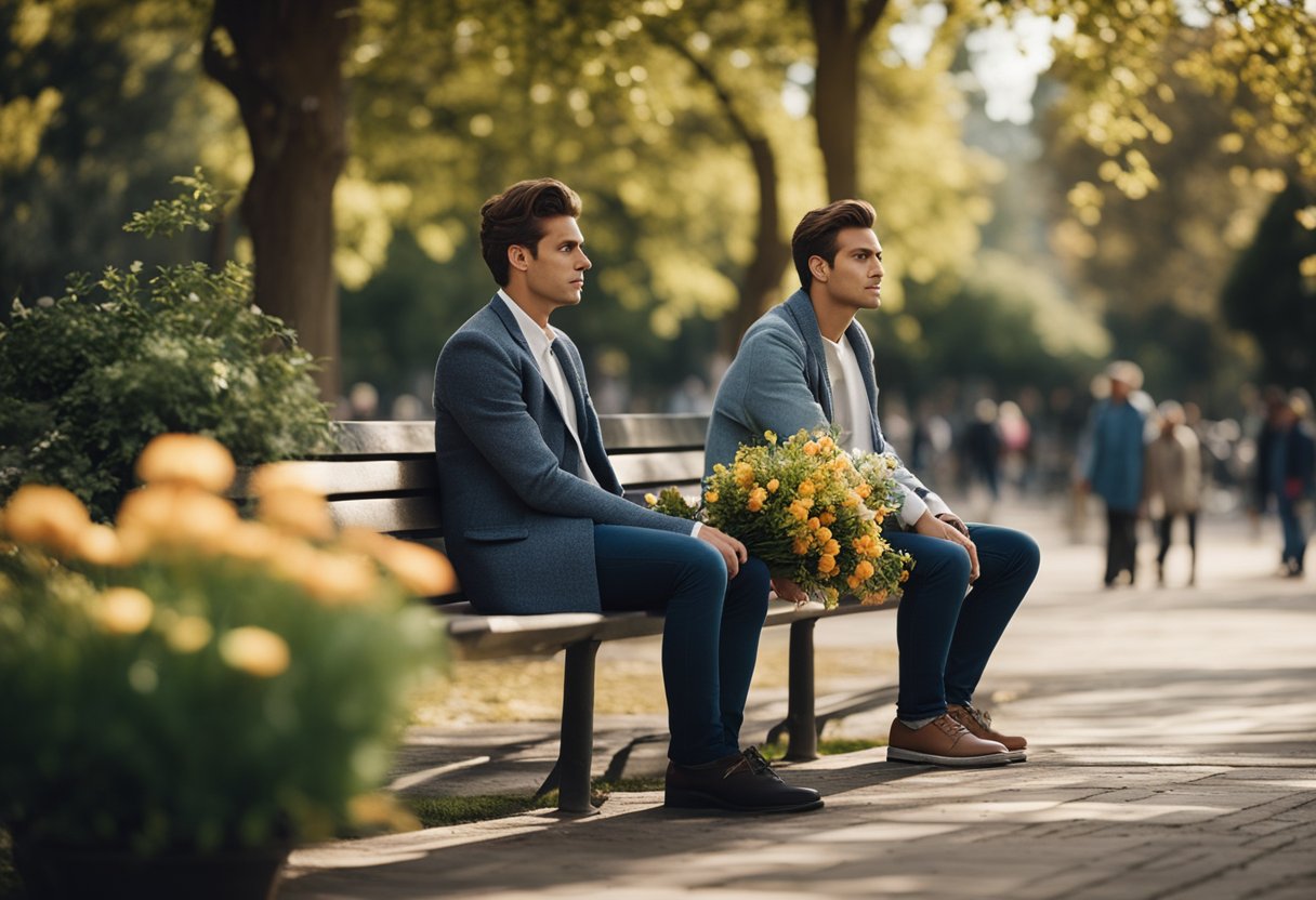 Two figures sitting on a park bench, one nervously fidgeting with a flower while the other looks on with a curious expression