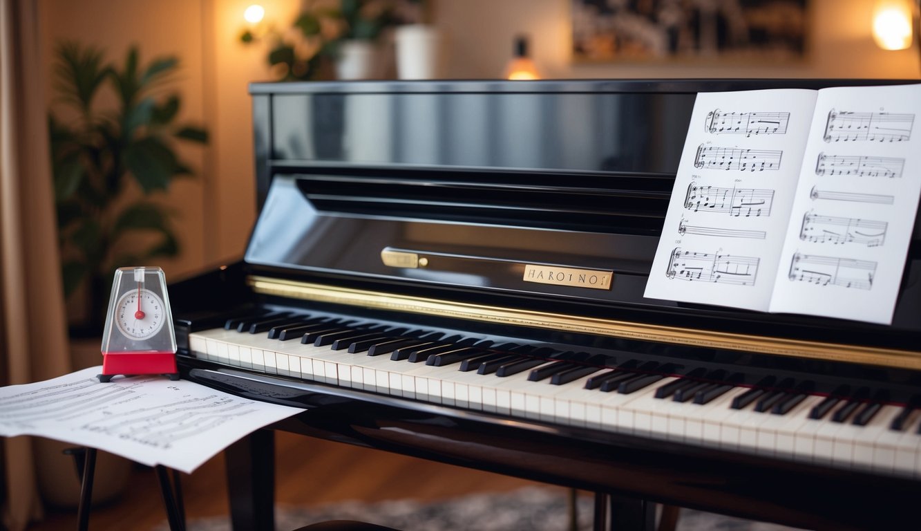 Een gezellige kamer met een piano, bladmuziek en een metronoom. Een oefenroutine voor beginners is opgesteld, die vooruitgang en toewijding toont.