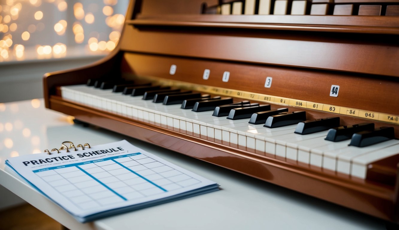 Een piano met genummerde toetsen en een oefenschema op een tafel