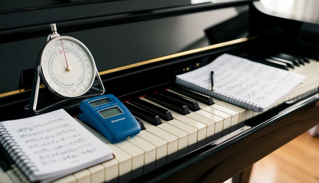 Een beginnerspiano-oefenroutine, met een metronoom, bladmuziek en een notitieboek om de voortgang bij te houden