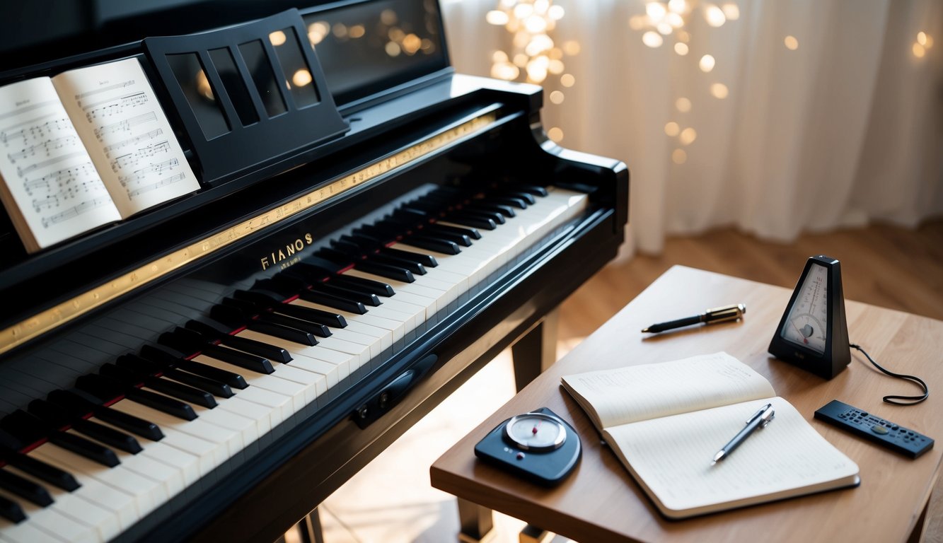 Een piano met een boek met vinger-oefeningen op de muziekstandaard, omringd door een metronoom en een notitieboek om de voortgang bij te houden