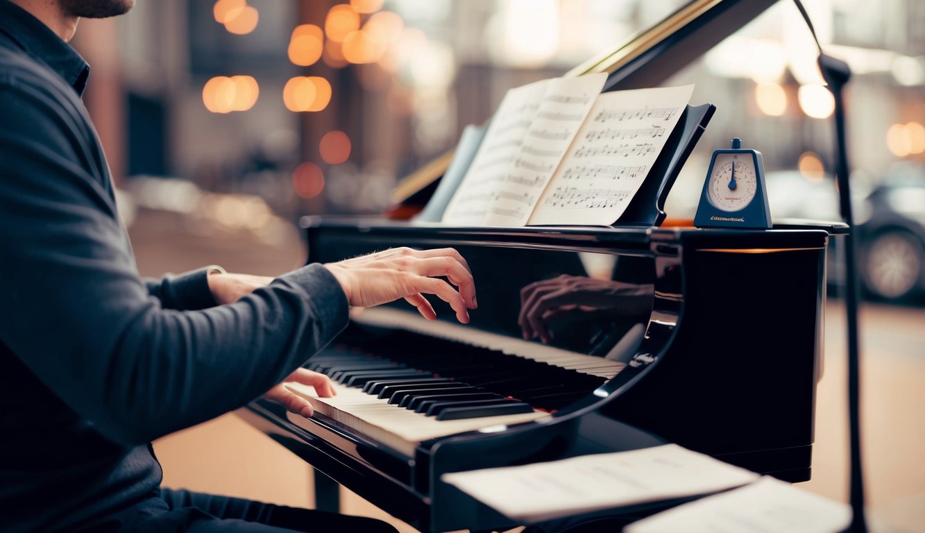 Een beginnerspiano-oefenroutine: een persoon die aan een piano zit, vingers boven de toetsen, met een bladmuziek en een metronoom in de buurt