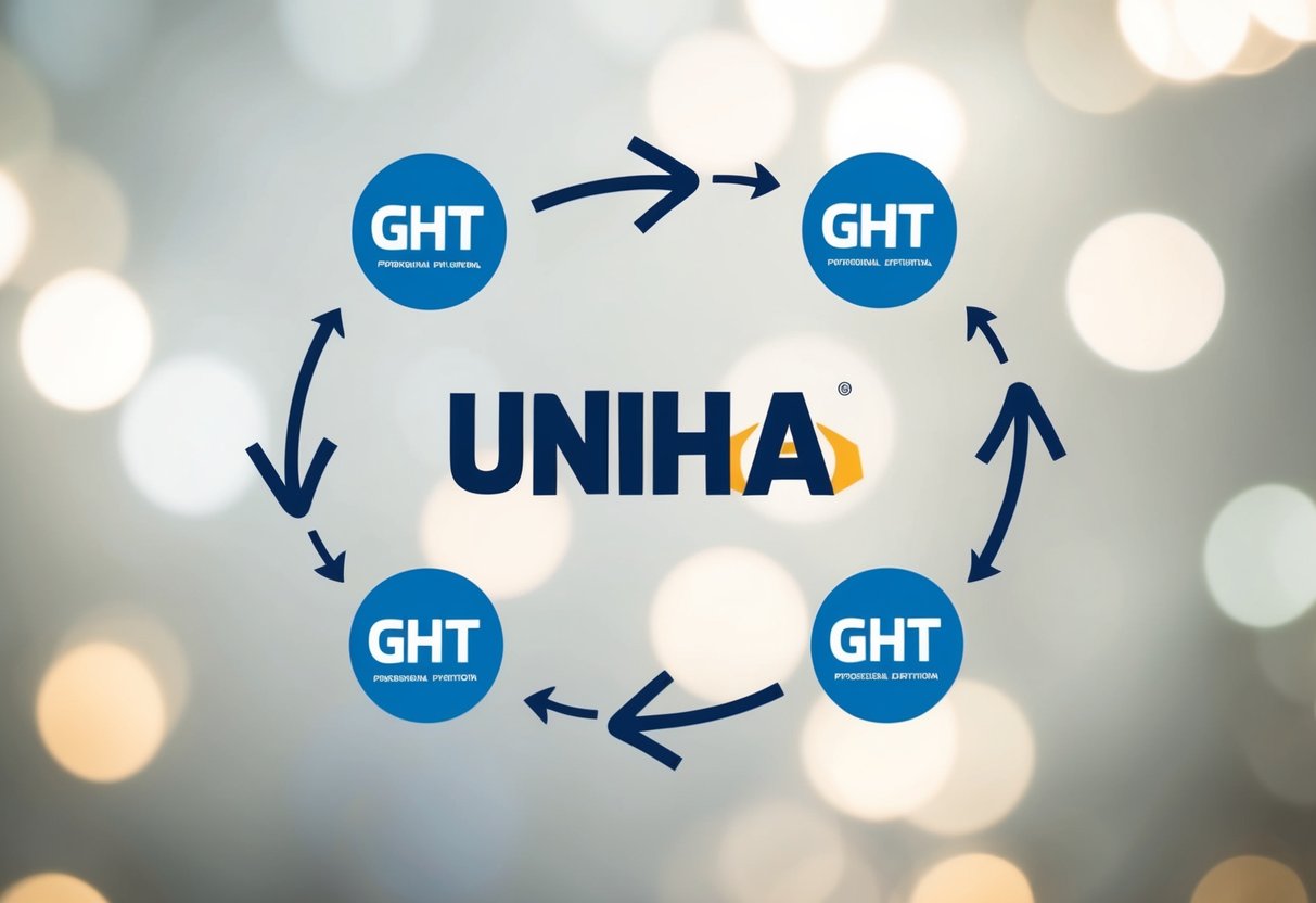 Logo UniHA entouré de logos GHT, avec des flèches les reliant, symbolisant le soutien et la collaboration dans la stratégie d'achat territoriale.