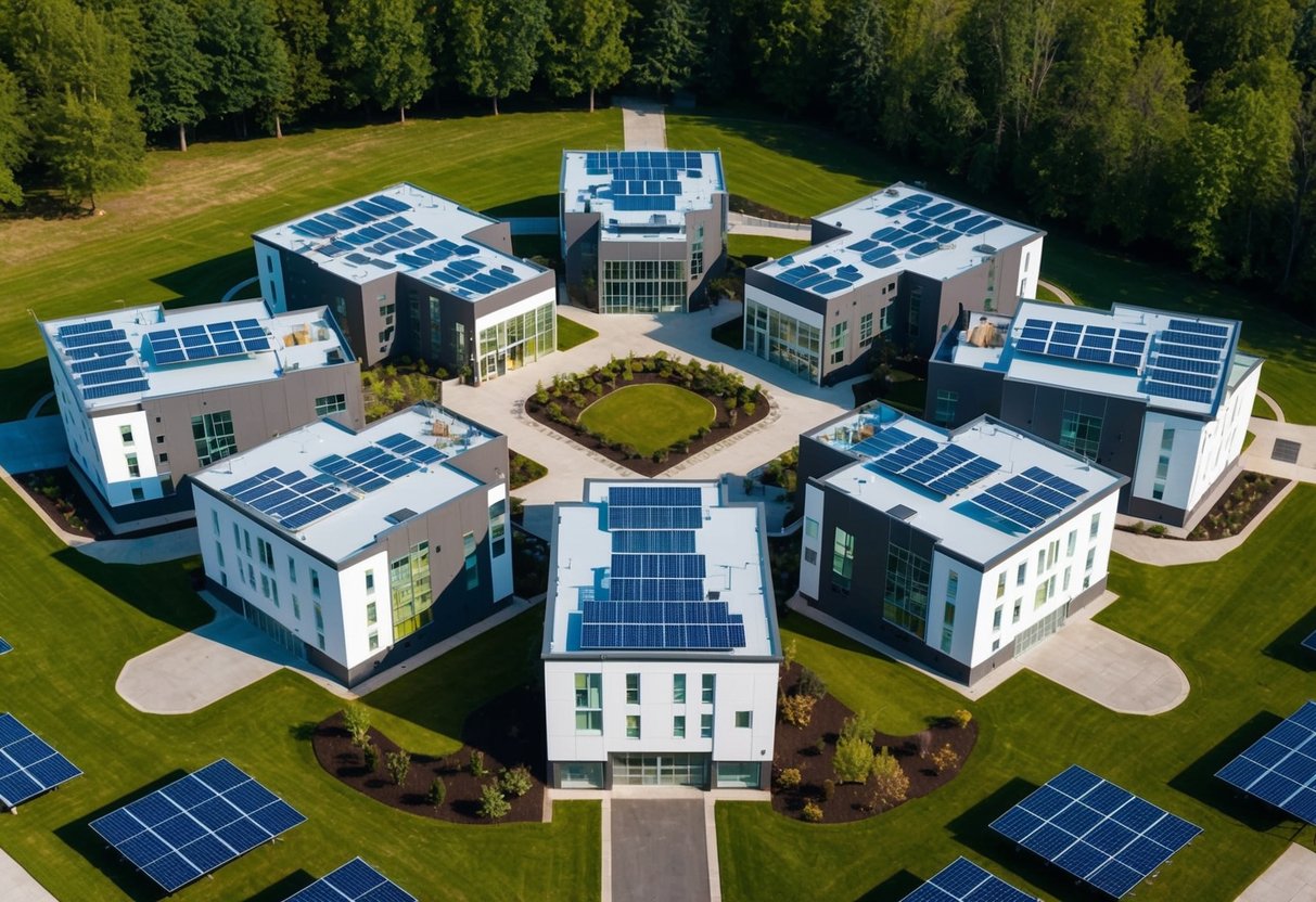 Un groupe de bâtiments interconnectés avec des caractéristiques écoénergétiques, entouré d'espaces verts et de panneaux solaires.