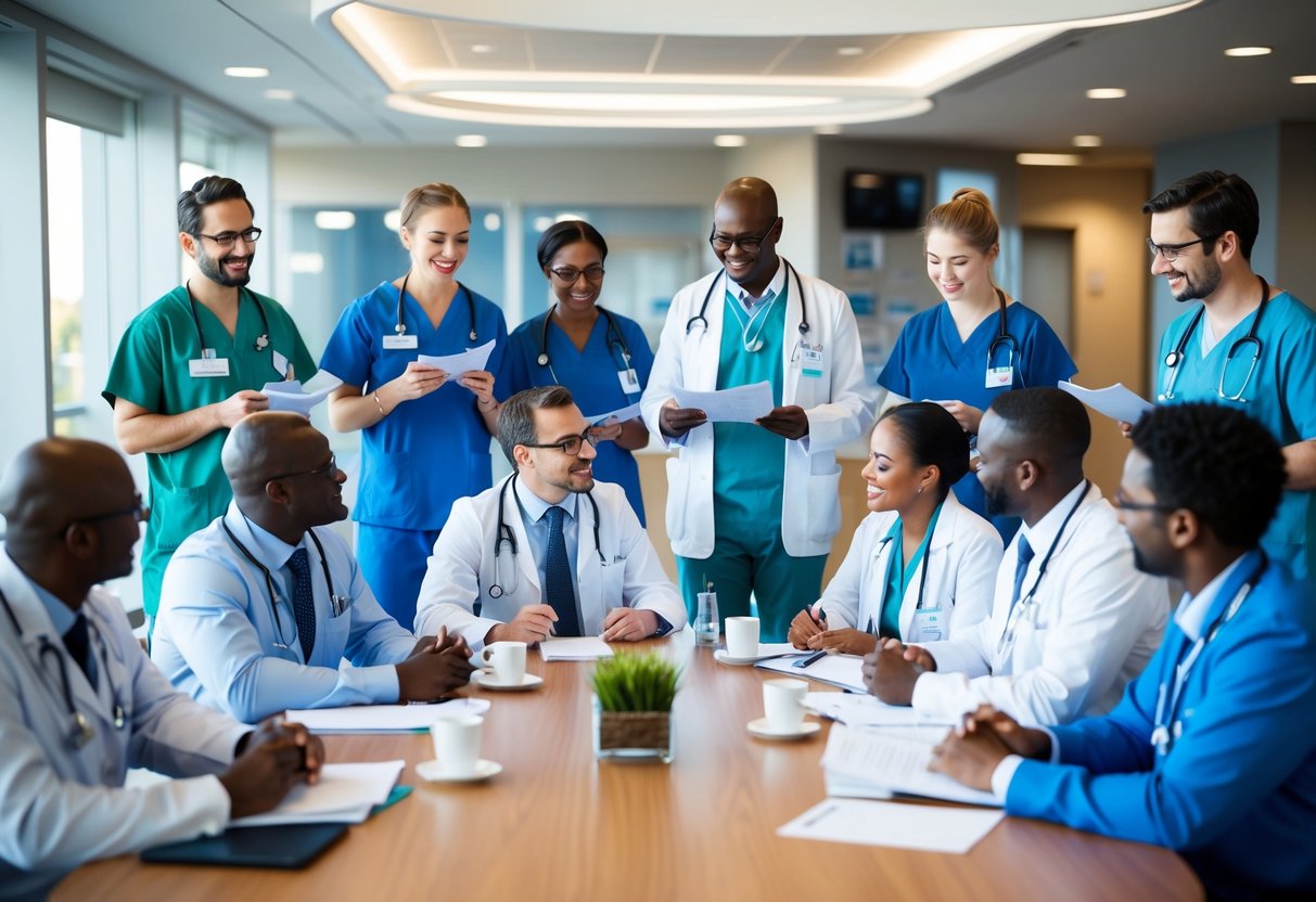 Un groupe de professionnels de la santé provenant de différents hôpitaux se regroupe autour d'une table, partageant leurs expériences et leurs idées. Les représentants d'UniHA écoutent et prennent des notes, prêts à soutenir et à guider les GHT.