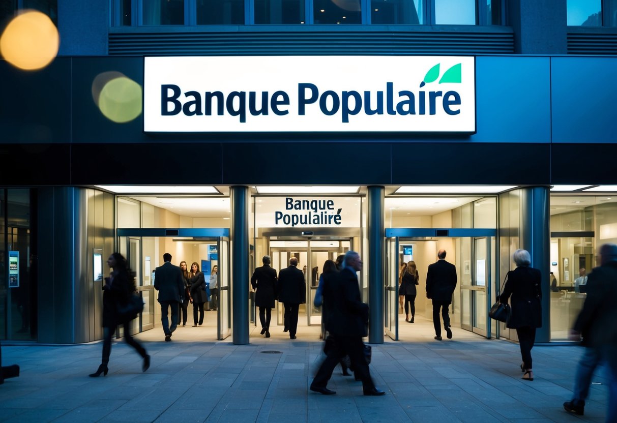 Un bâtiment bancaire moderne avec une enseigne « Banque Populaire » bien en vue, entouré de personnes entrant et sortant.