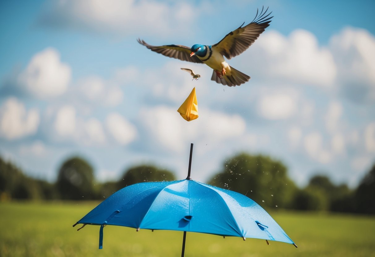 Um guarda-chuva quebrado em um dia ensolarado, com um pássaro acima pronto para deixar uma surpresa cair