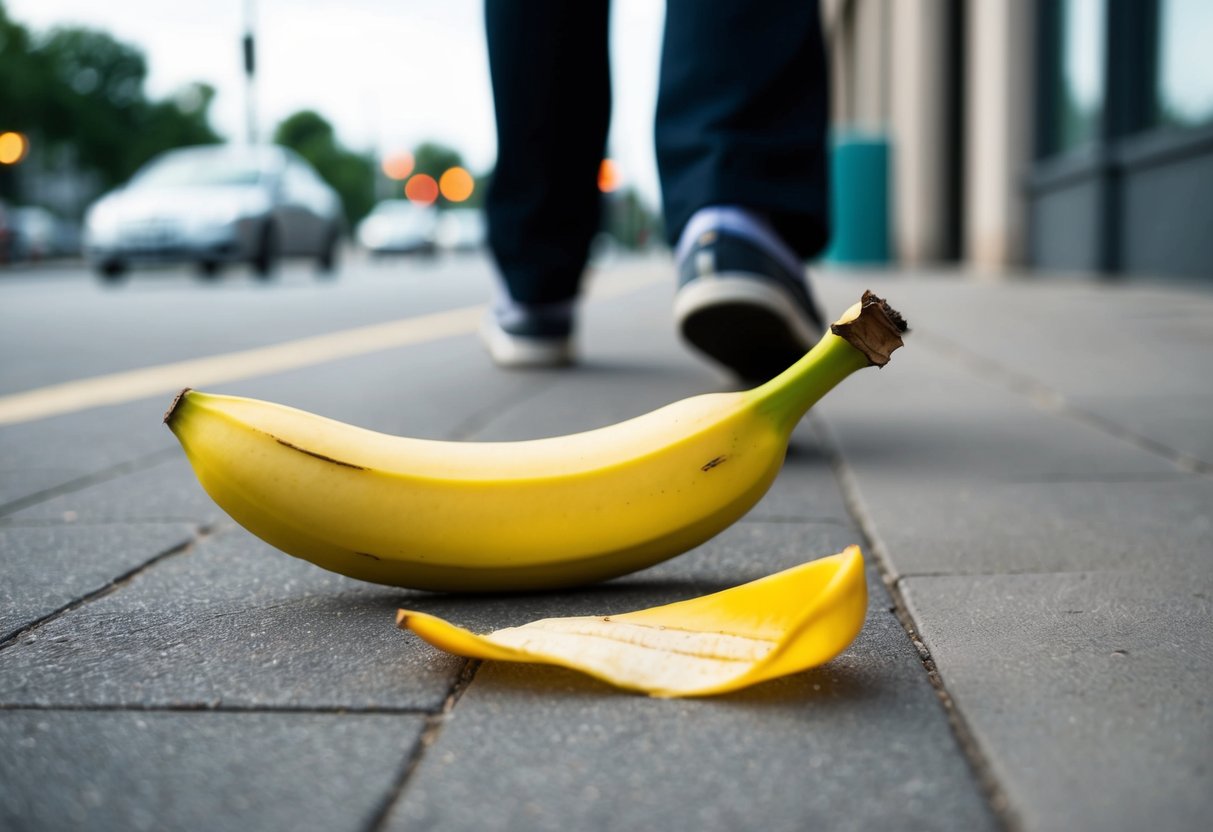 Uma casca de banana na calçada, fazendo uma pessoa escorregar e cair