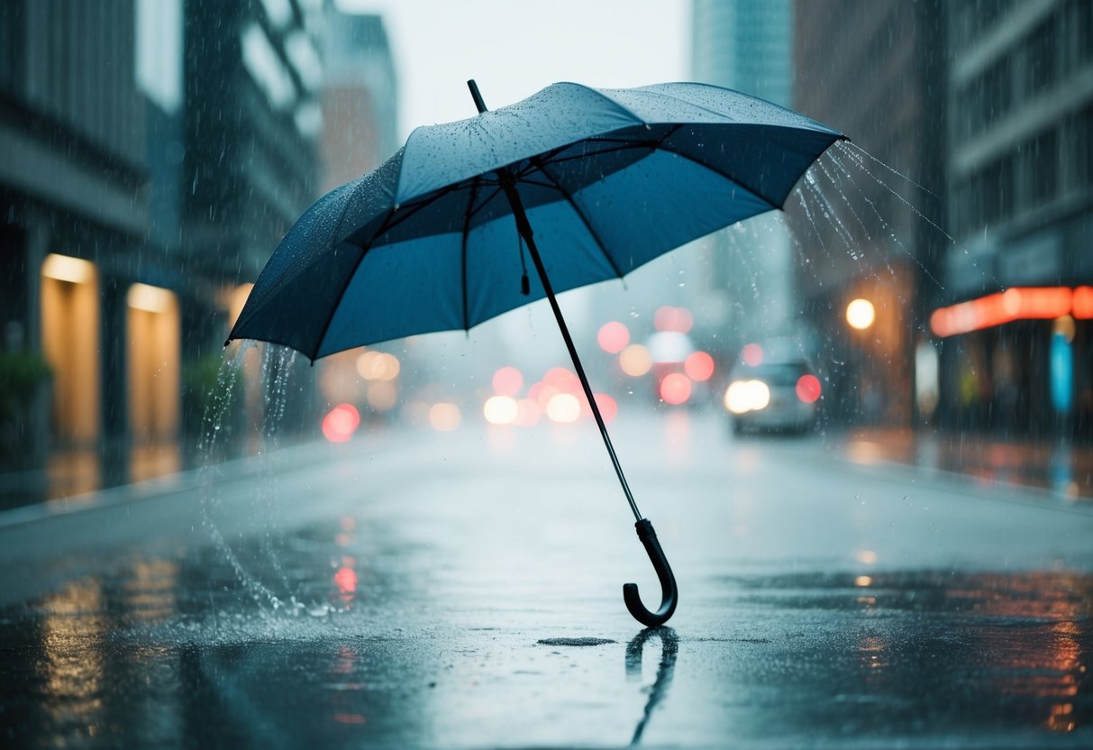 Um guarda-chuva quebrado virando do avesso em uma chuva repentina