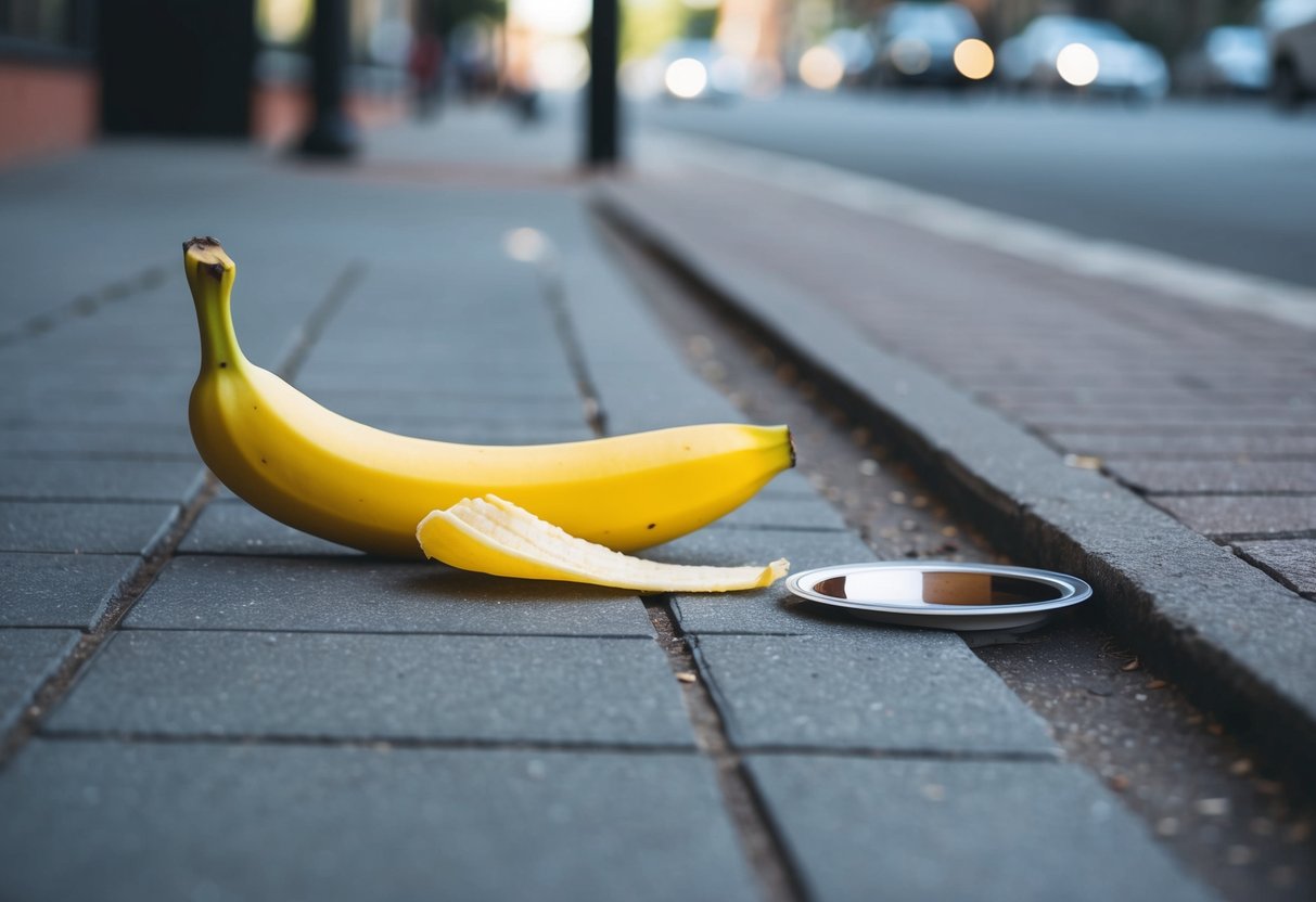 Uma casca de banana está jogada na calçada, fazendo com que um transeunte escorregue e derrame seu café.