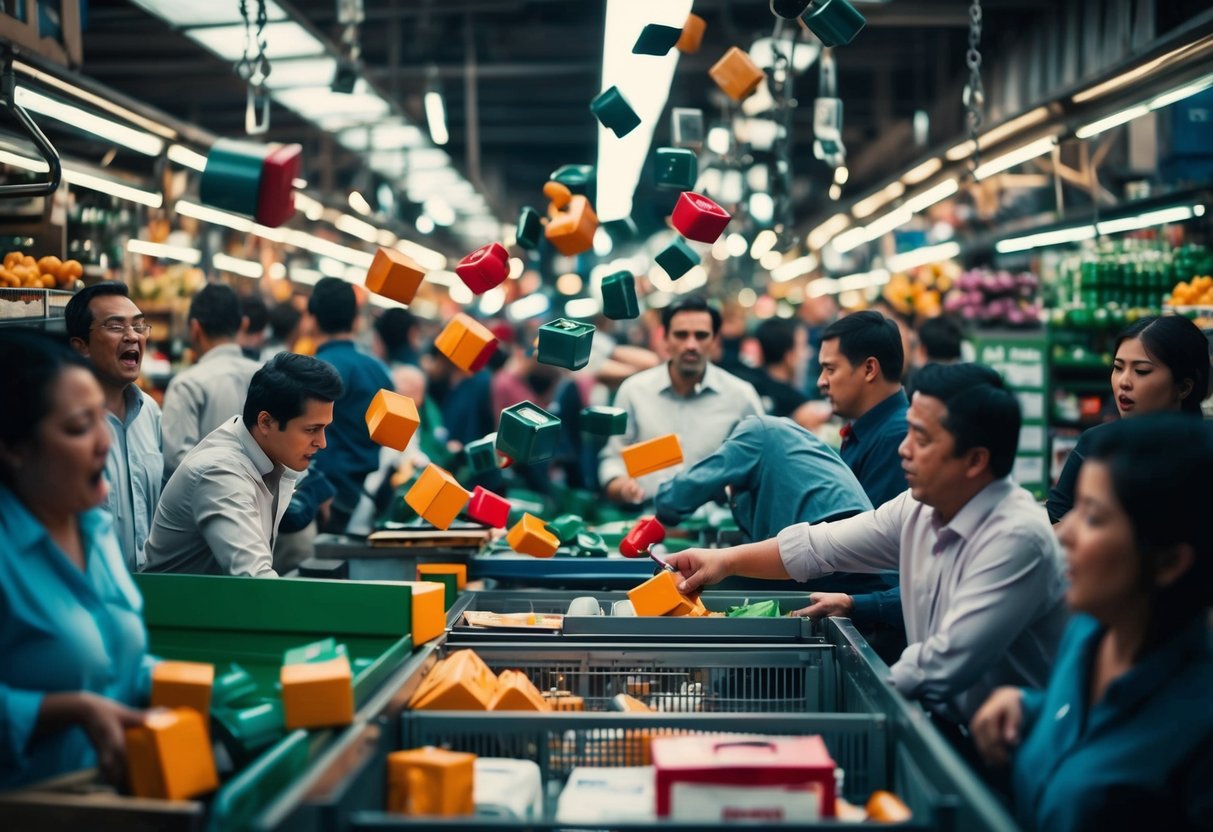 Um mercado caótico com produtos caindo, máquinas com mau funcionamento e clientes frustrados