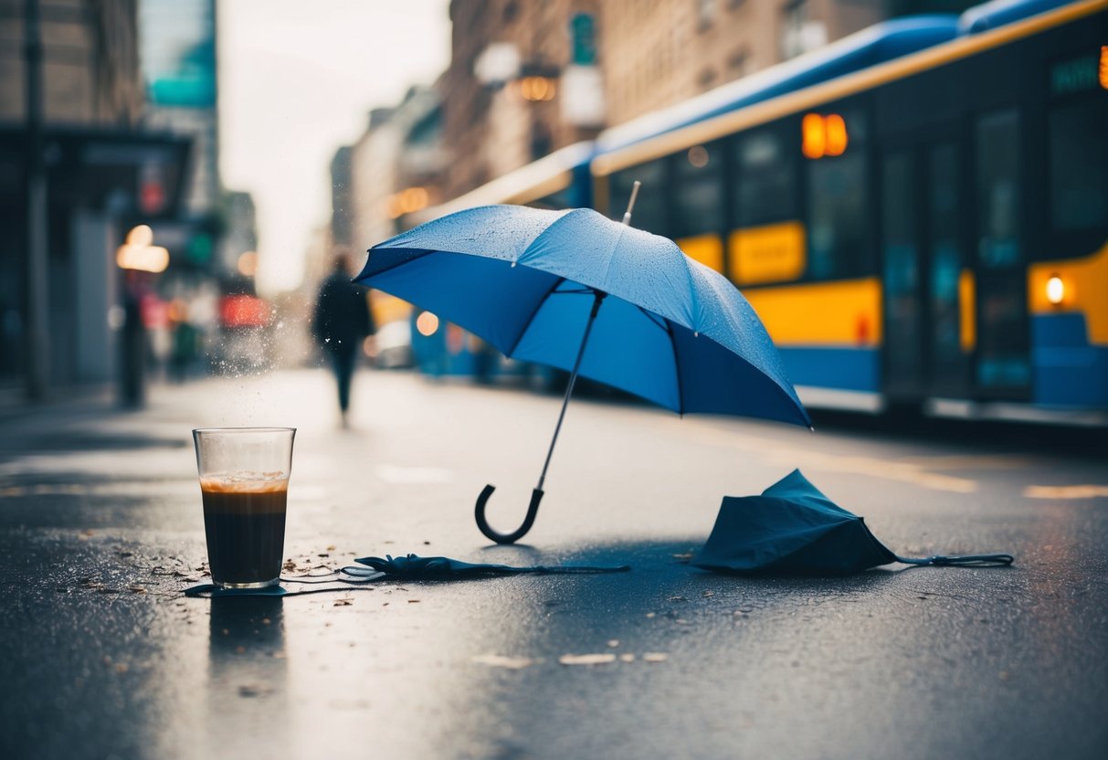 Uma série de eventos infelizes: um café derramado, um guarda-chuva quebrado e um ônibus perdido, tudo acontecendo ao mesmo tempo