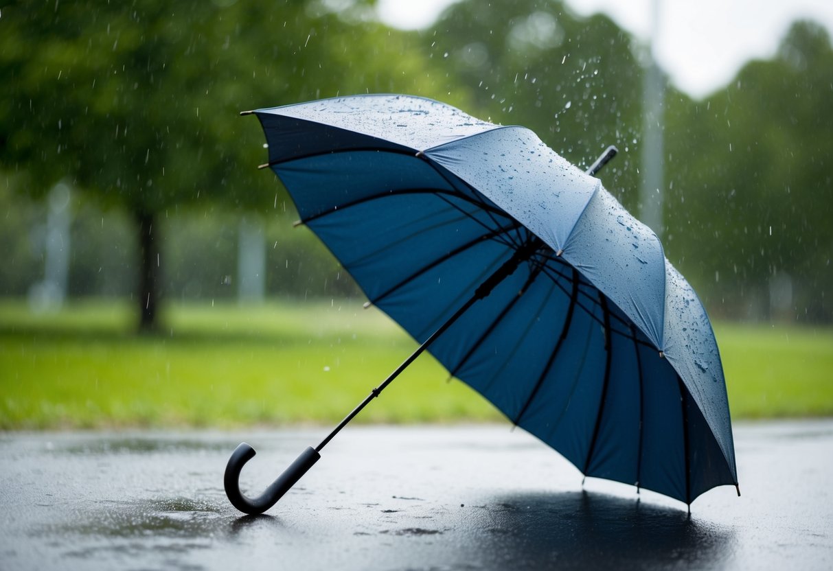 Um guarda-chuva quebrado em um dia ensolarado, com uma chuva repentina