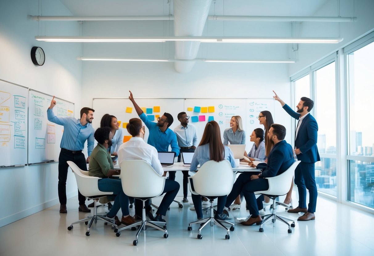 Um grupo de pessoas fazendo um brainstorm em um espaço de escritório moderno e iluminado, cercado por quadros brancos cobertos de esboços e diagramas coloridos.