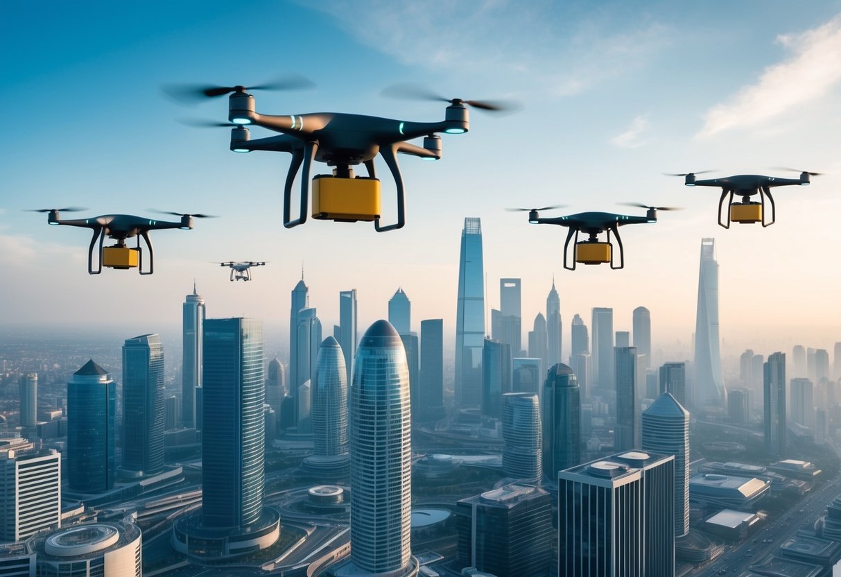 Um horizonte de cidade futurista com drones flutuantes entregando produtos inovadores a vários edifícios de setores emergentes