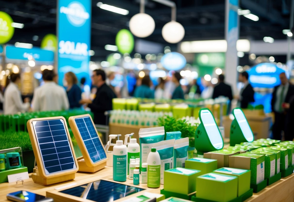 Um mercado movimentado com produtos futuristas e ecológicos em exibição. Gadgets movidos a energia solar, embalagens biodegradáveis e soluções sustentáveis inovadoras preenchem a cena.