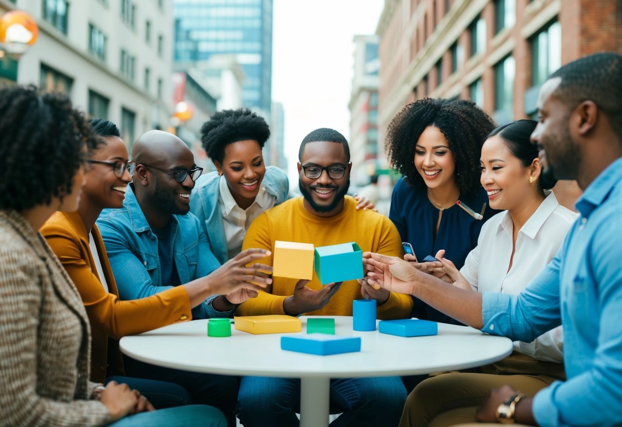 Um grupo diversificado de pessoas interagindo com novos produtos inclusivos em um ambiente urbano agitado.